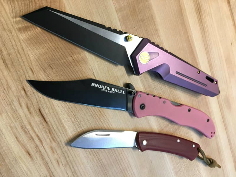 We Knives 609 (purple); Benchmade Proper; Cold Steel Broken Skull (pink) The Knife Junkie Podcast Episode 11