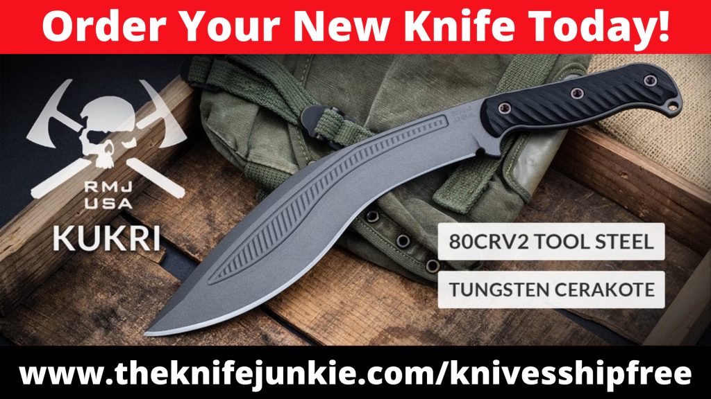 RMJ Tactical Kukri. The aggressive angle of the Kukri meets the build quality of RMJ. This chopping blade is made from .270"-thick 80CrV2 tool steel and has a handle profile and texture that offer plenty of grip.